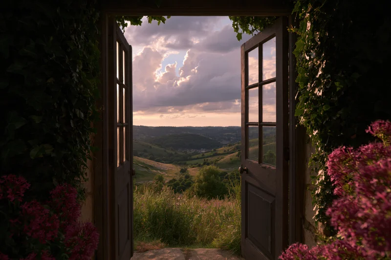 Open wooden door framing a sweeping countryside landscape at sunset