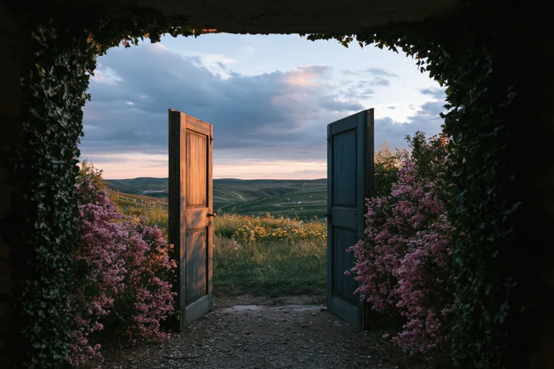 Open wooden door framing a countryside landscape at dusk, surrounded by flowering bushes and vines