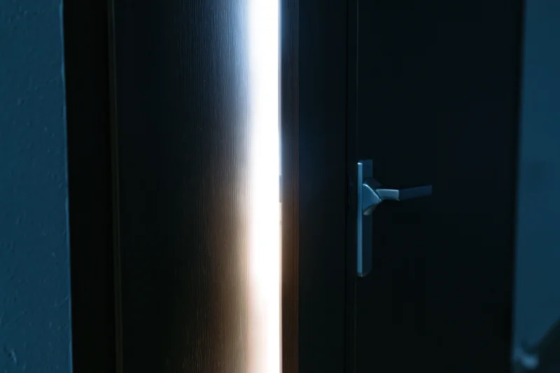 Dark wooden door slightly ajar with light streaming through the gap in a dim interior hallway