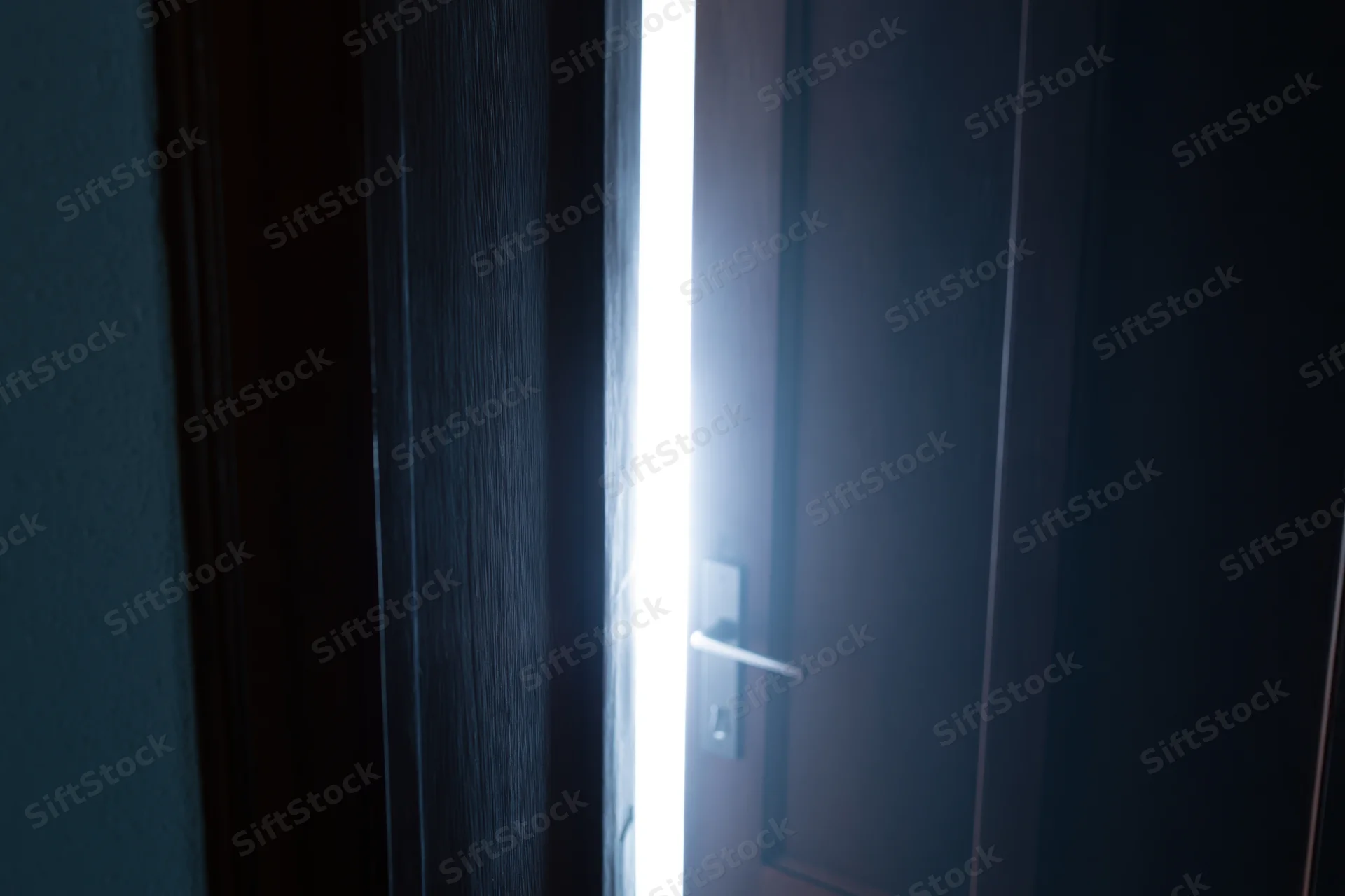 Dark wooden double door slightly ajar revealing a narrow vertical gap of bright light inside a dim hallway