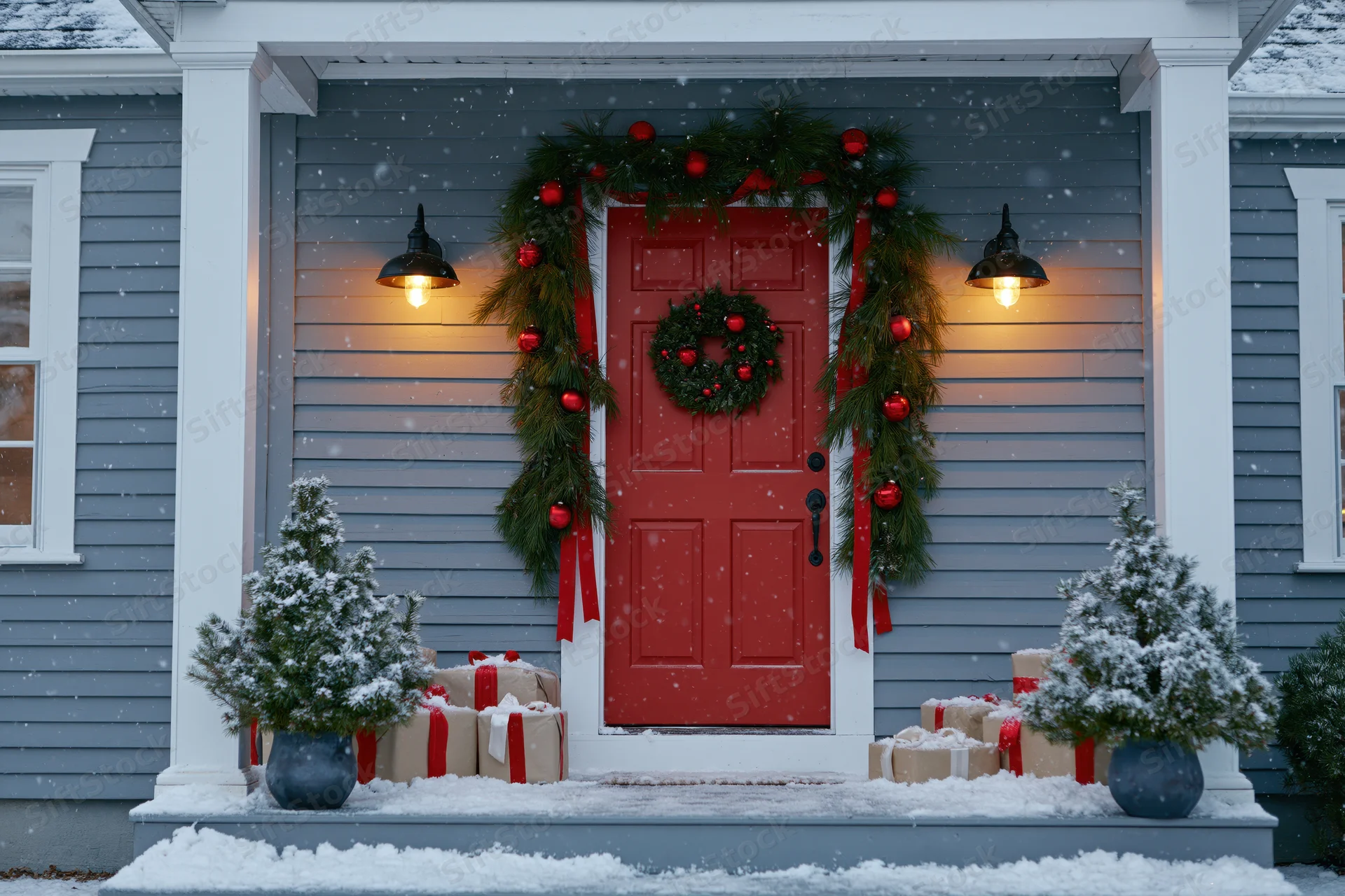 Decorated front porch of a gray clapboard house with red door, wreath, garland, gifts and snow falling at evening
