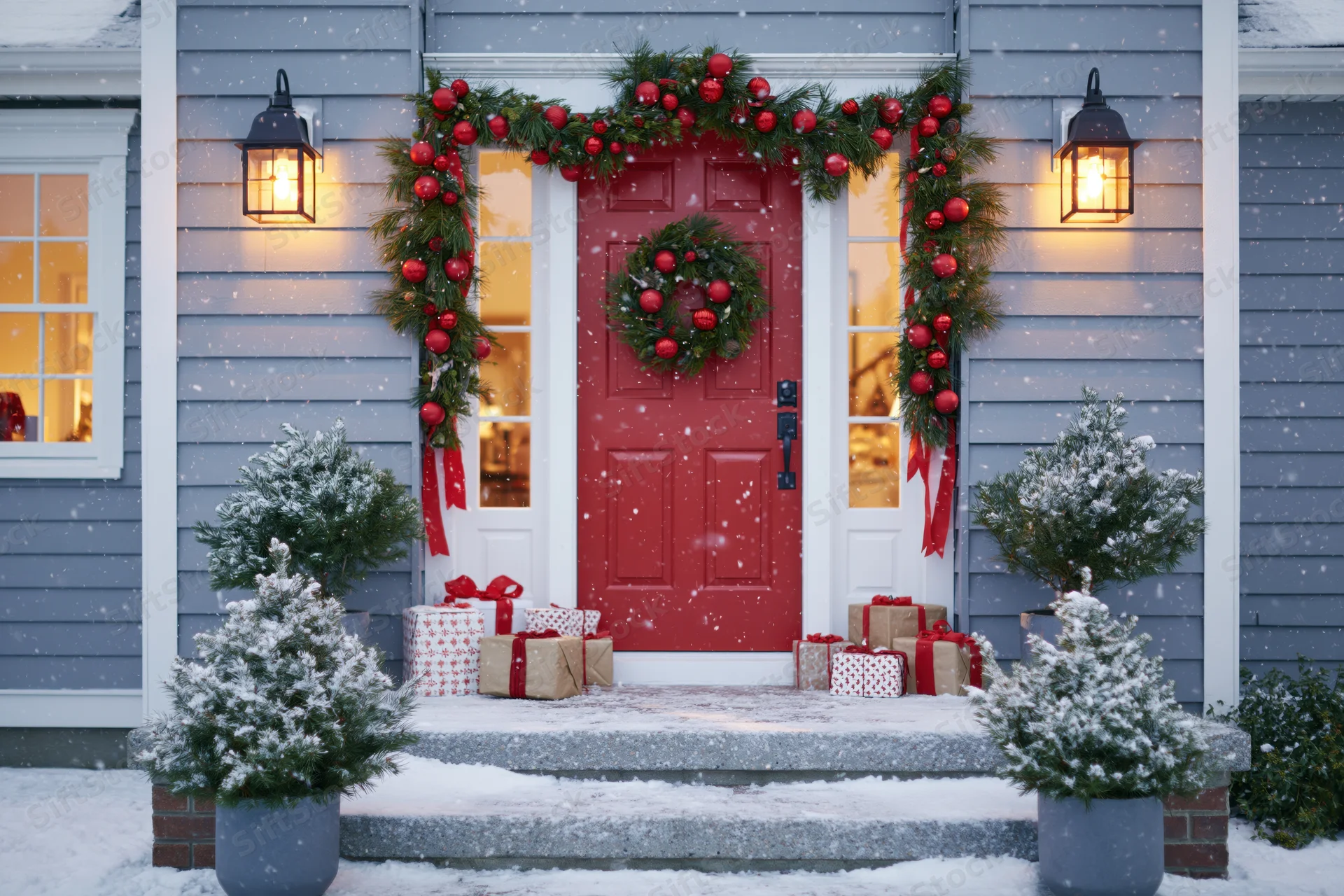 Decorated front porch with red door, wreath, garland, gifts and snow at night