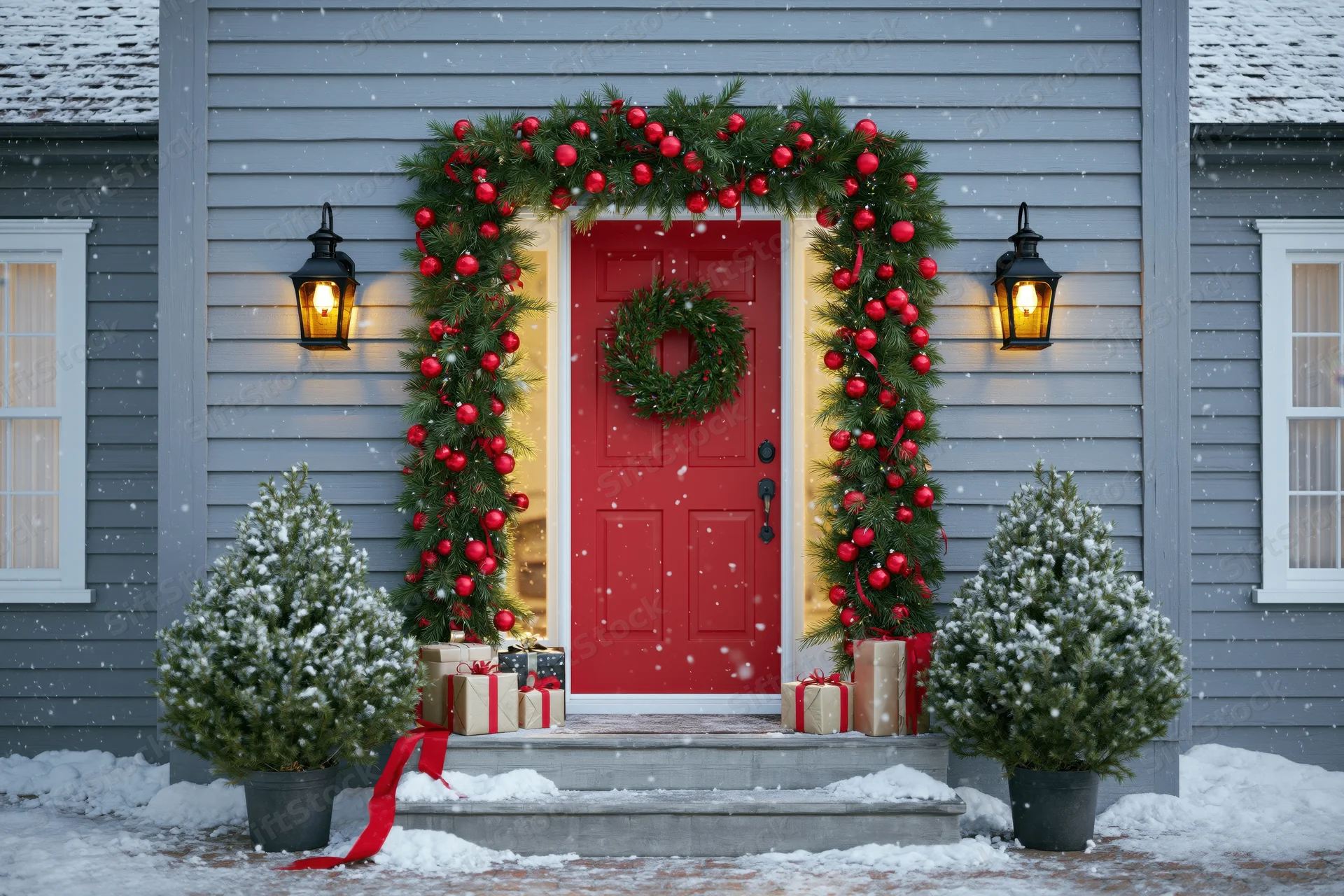 Decorated front porch of gray clapboard house with red door, garland, wreath, gifts and snow falling