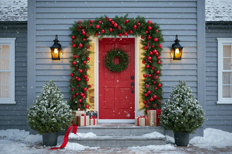 Decorated front porch of gray clapboard house with red door, garland, wreath, gifts and snow falling