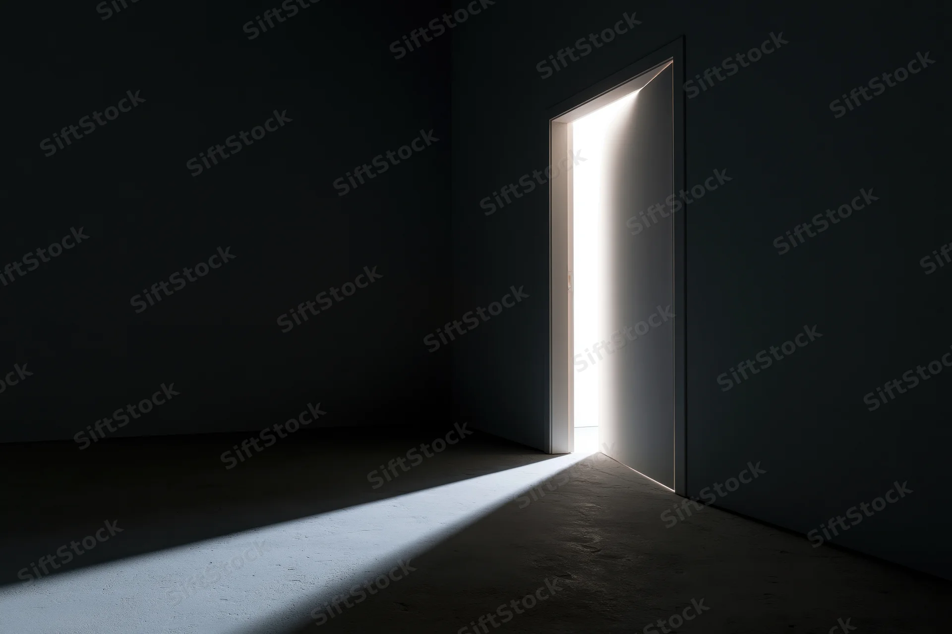 Slightly open door in dark empty room letting in bright light