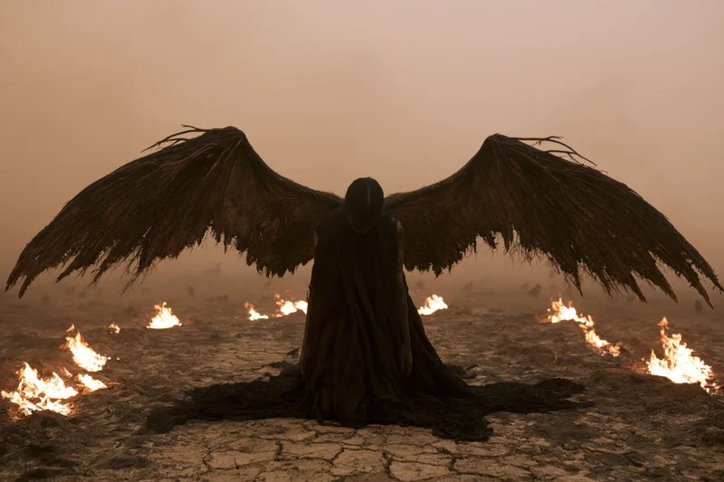 Dark angel with outstretched wings kneeling on cracked earth surrounded by flames