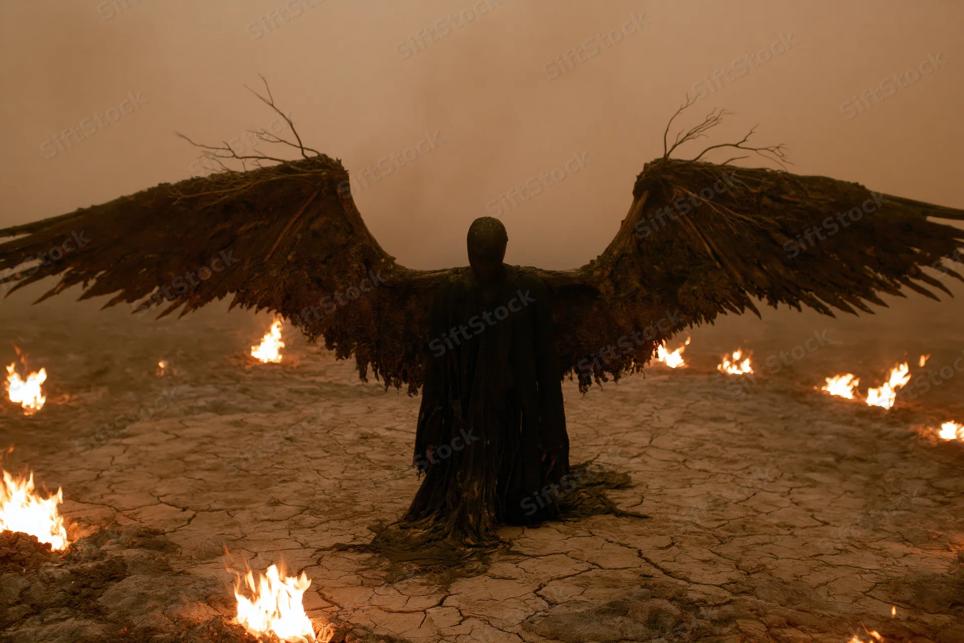 Dark angel with outstretched wings kneeling on cracked earth surrounded by flames