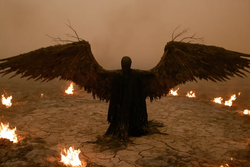 Dark angel with outstretched wings kneeling on cracked earth surrounded by flames