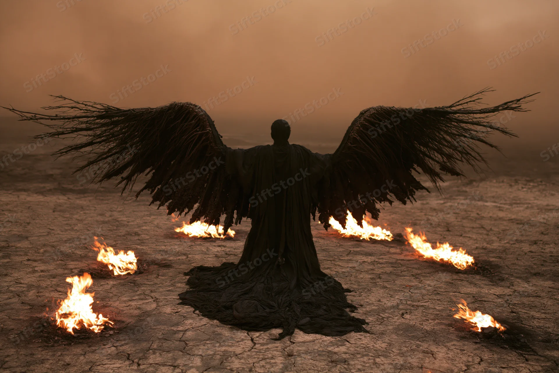 Dark angel with twig wings kneeling on cracked earth surrounded by flames