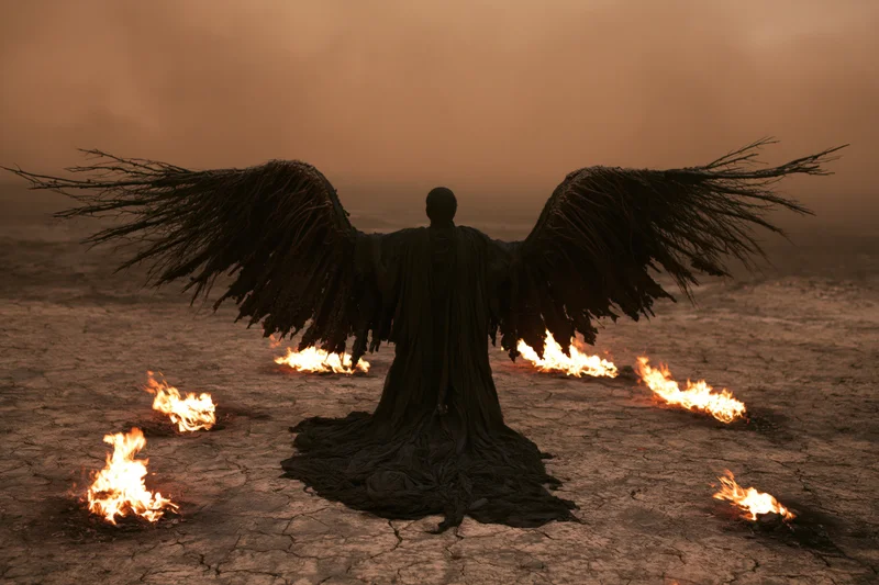 Dark angel with twig wings kneeling on cracked earth surrounded by flames