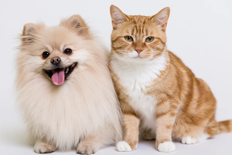 Fluffy cream pomeranian dog with tongue out sitting beside ginger tabby cat on white background