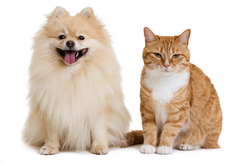Fluffy cream pomeranian dog with tongue out sitting beside orange tabby cat on white background