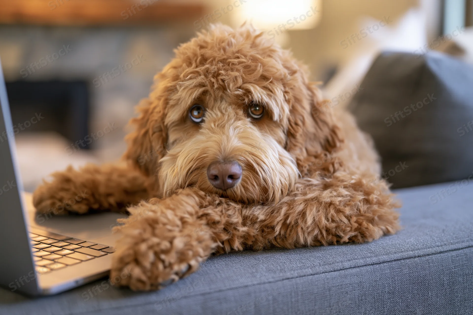Fluffy labradoodle resting with paws on laptop on gray couch in living room