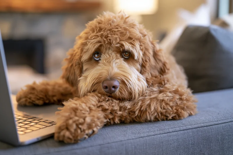Fluffy labradoodle resting with paws on laptop on gray couch in living room