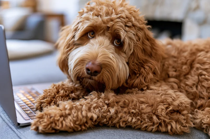 Fluffy labradoodle resting with paws on laptop on couch