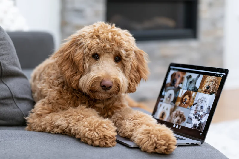 Fluffy labradoodle resting paws on laptop during video call on couch