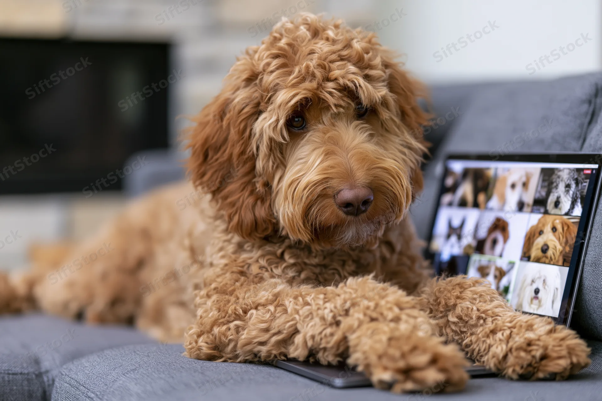 Fluffy labradoodle resting on couch with paws on laptop screen displaying dog images