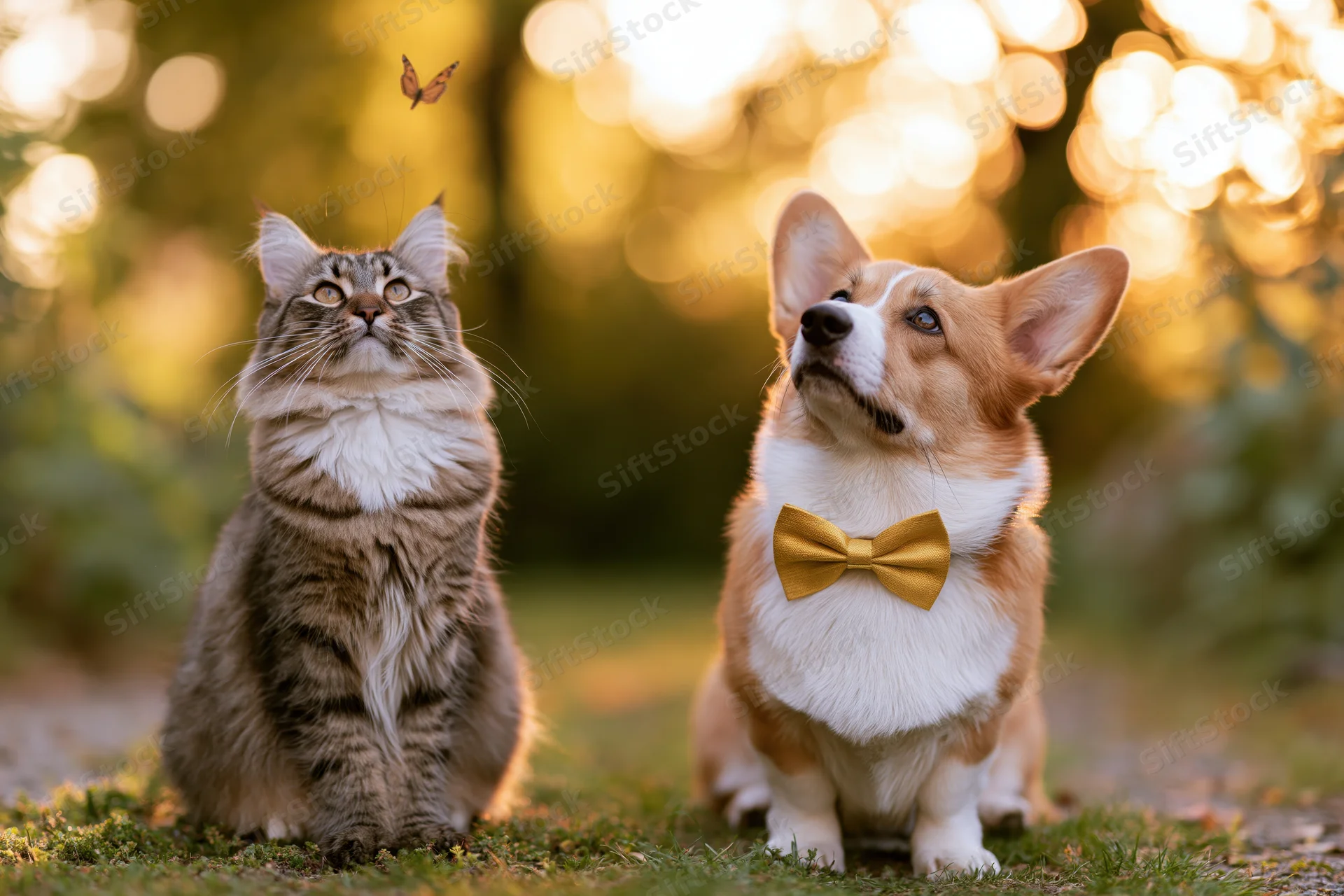 Fluffy tabby cat and corgi dog sitting on grass looking up at butterfly in golden sunlight