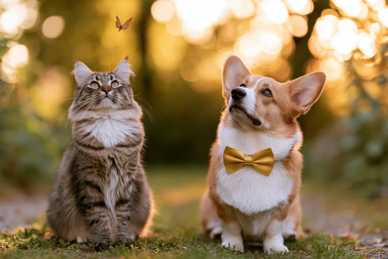 Fluffy tabby cat and corgi dog sitting on grass looking up at butterfly in golden sunlight