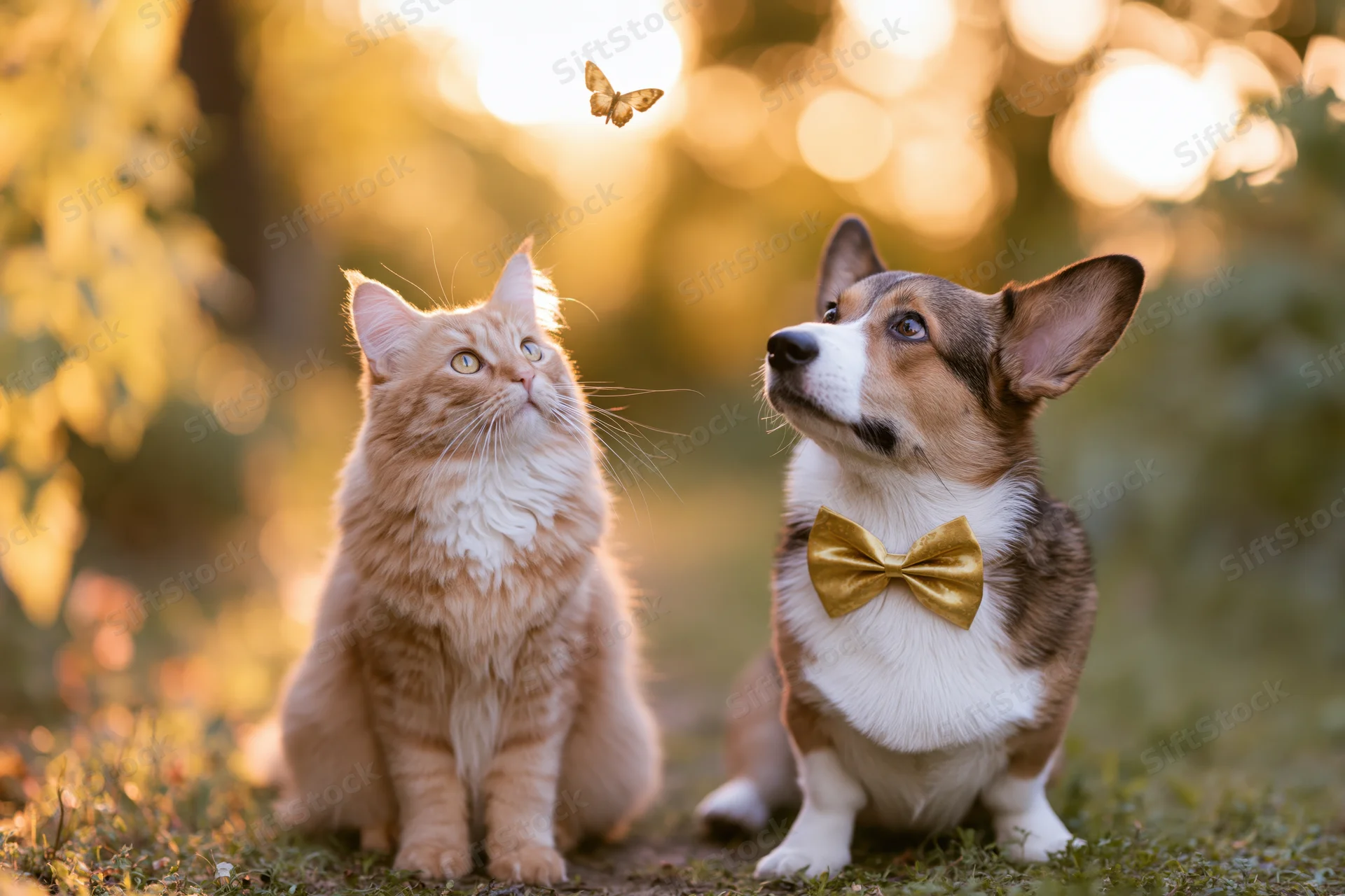 Fluffy tabby cat and corgi dog wearing golden bow tie sitting on grass watching butterfly in sunlight