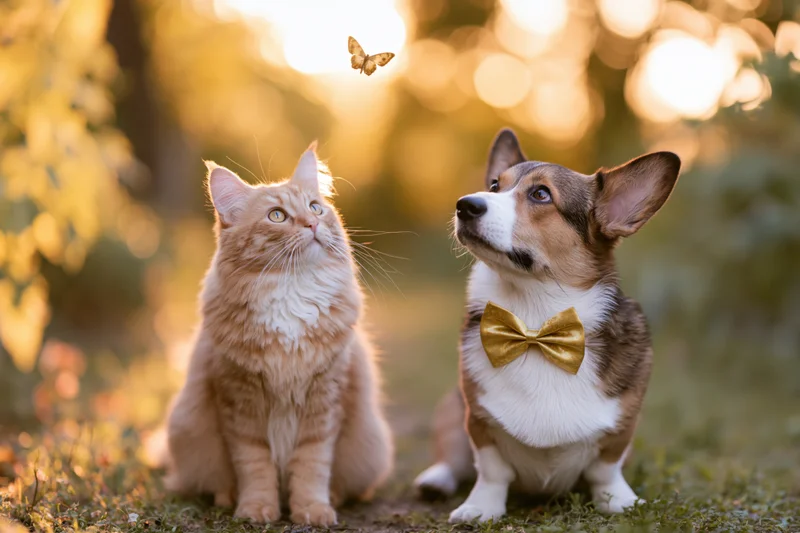 Fluffy tabby cat and corgi dog wearing golden bow tie sitting on grass watching butterfly in sunlight