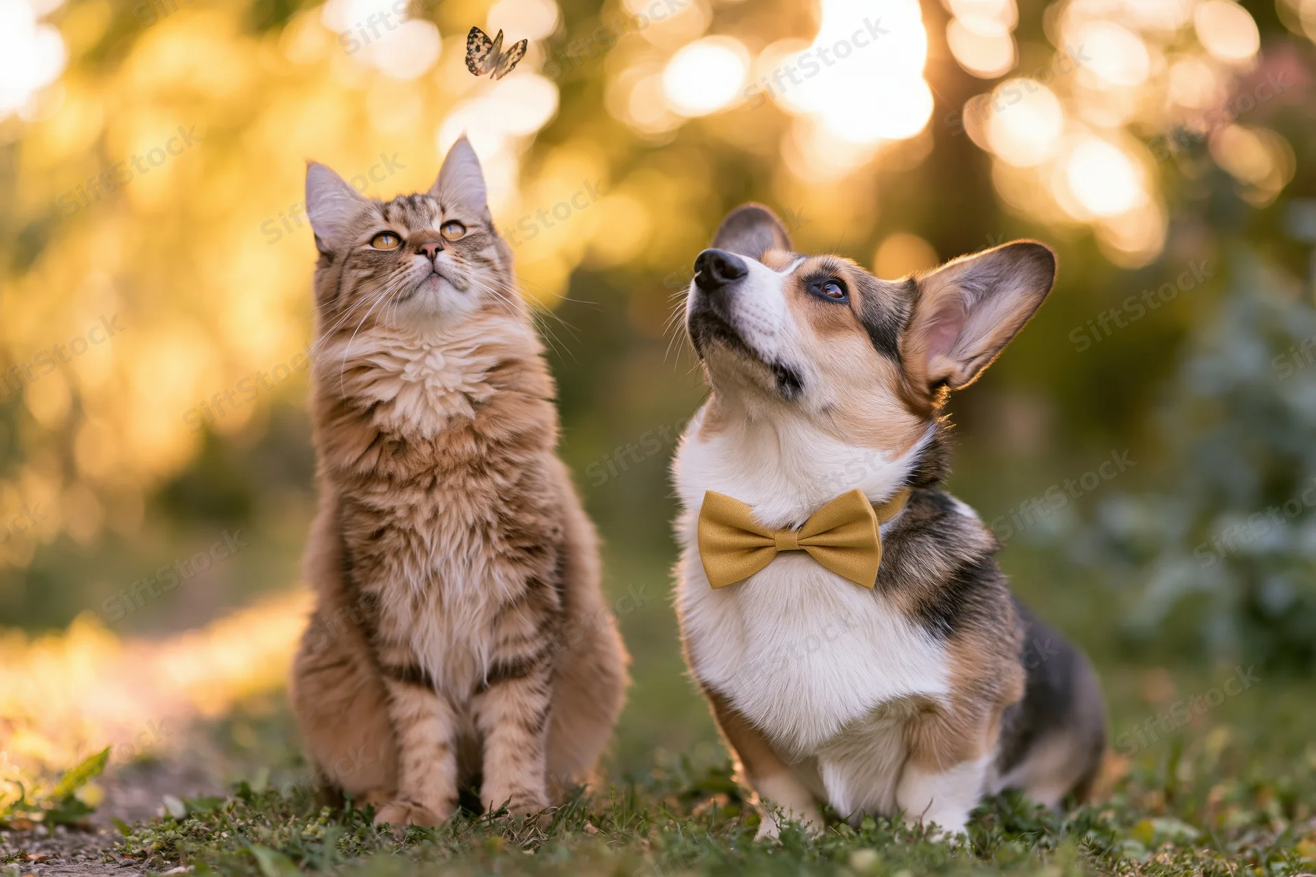 Fluffy tabby cat and corgi dog wearing golden bow tie sitting on grass looking up at butterfly in garden during golden hour