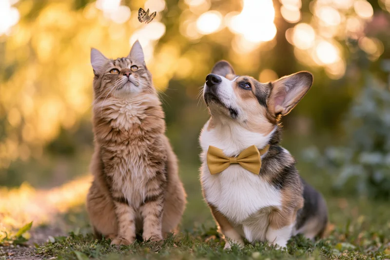Fluffy tabby cat and corgi dog wearing golden bow tie sitting on grass looking up at butterfly in garden during golden hour