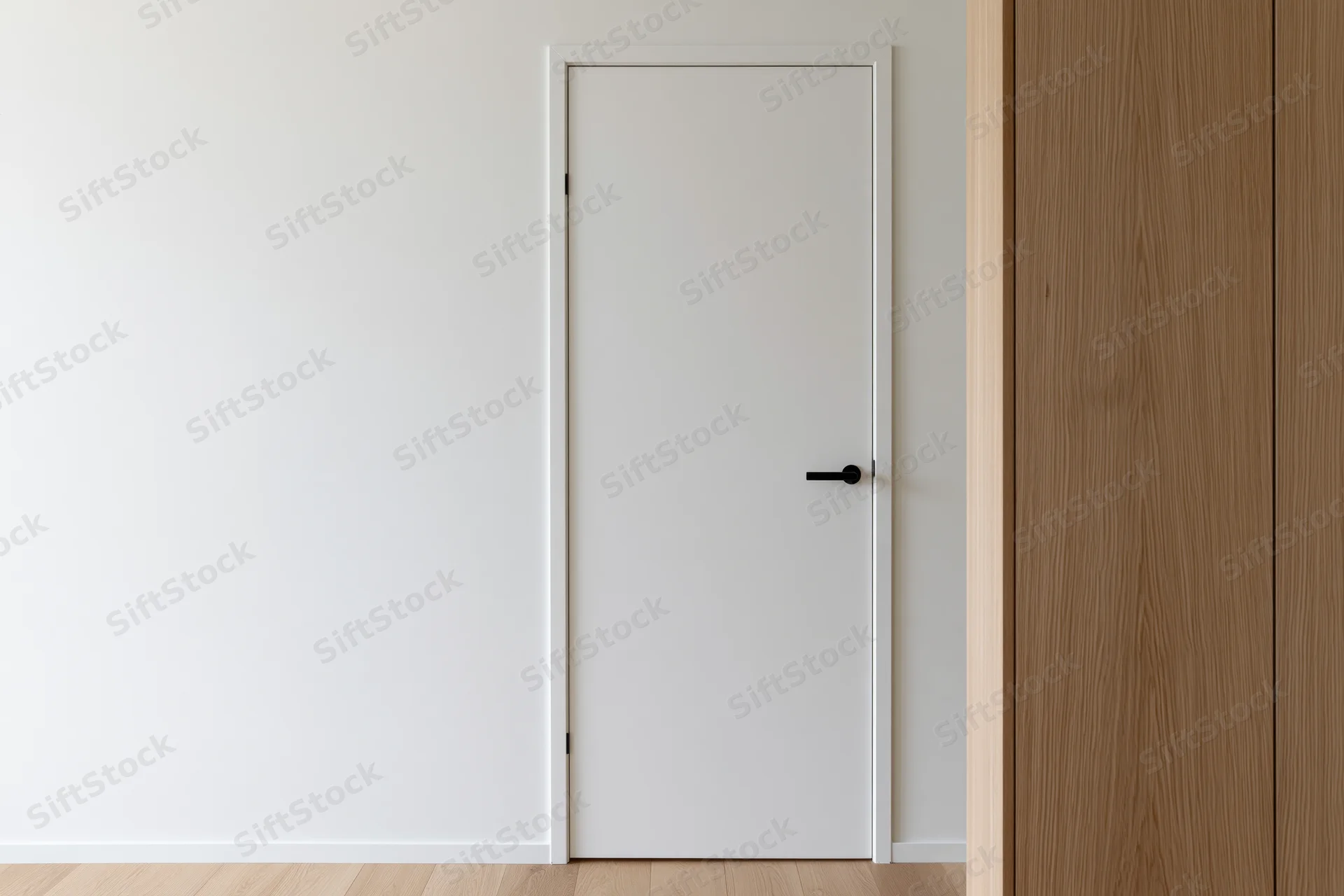 White flush interior door with black matte lever handle in minimalist room