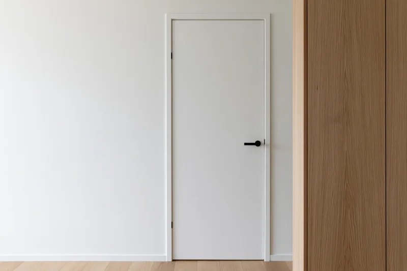 White flush interior door with black matte lever handle in minimalist room