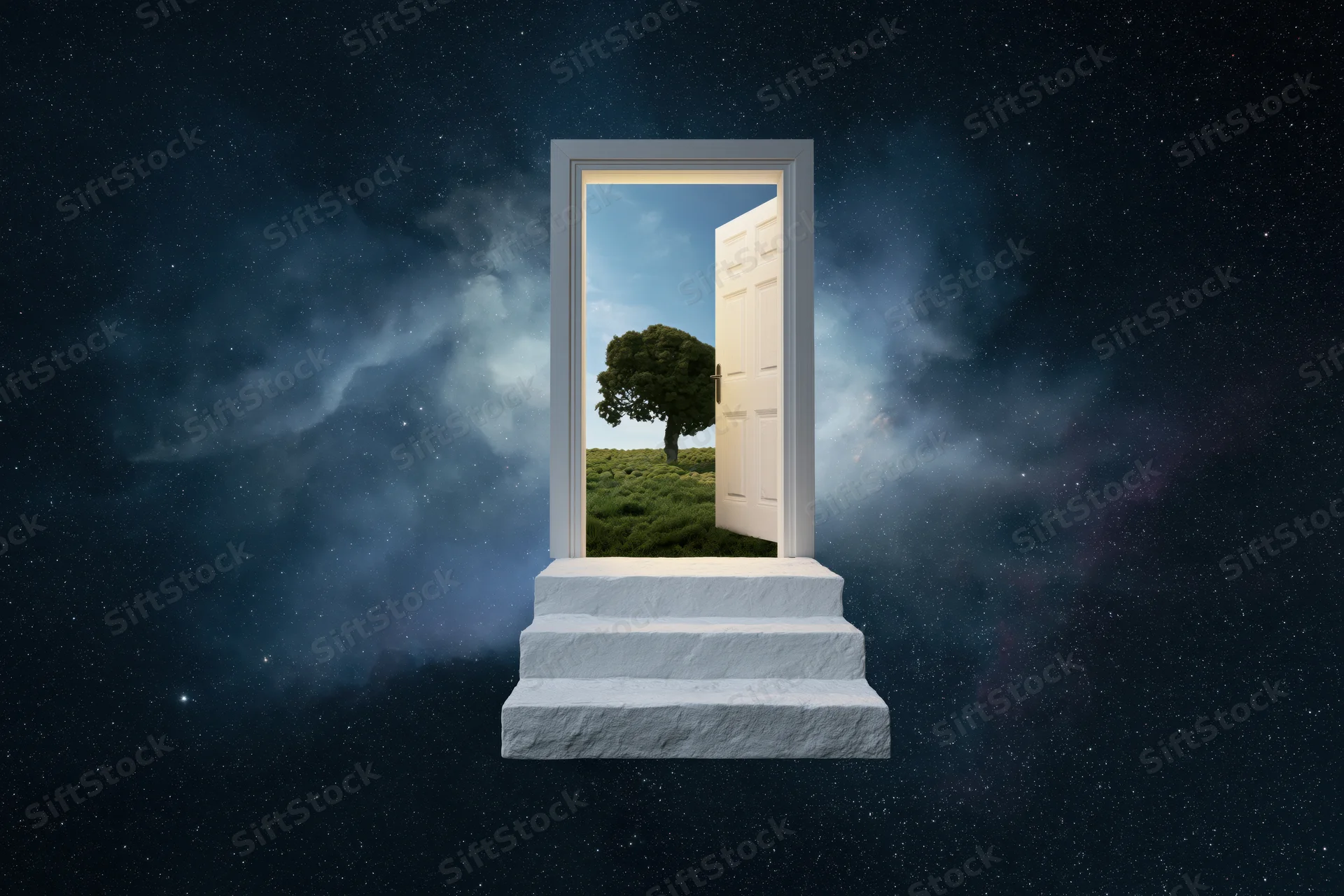 White doorway open to a grassy field with a tree, set against a starry night sky, accessed by stone steps