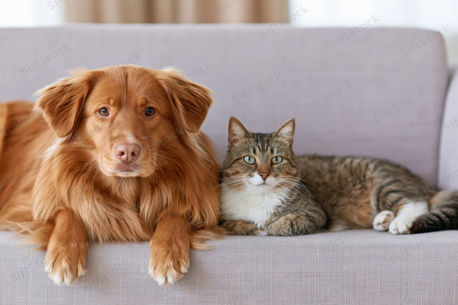 Golden-brown mixed breed dog and tabby-white cat resting together on a couch