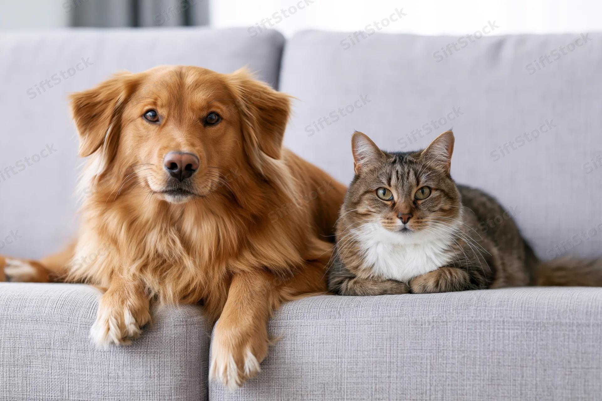 Golden-brown dog and tabby-white cat resting together on a gray couch
