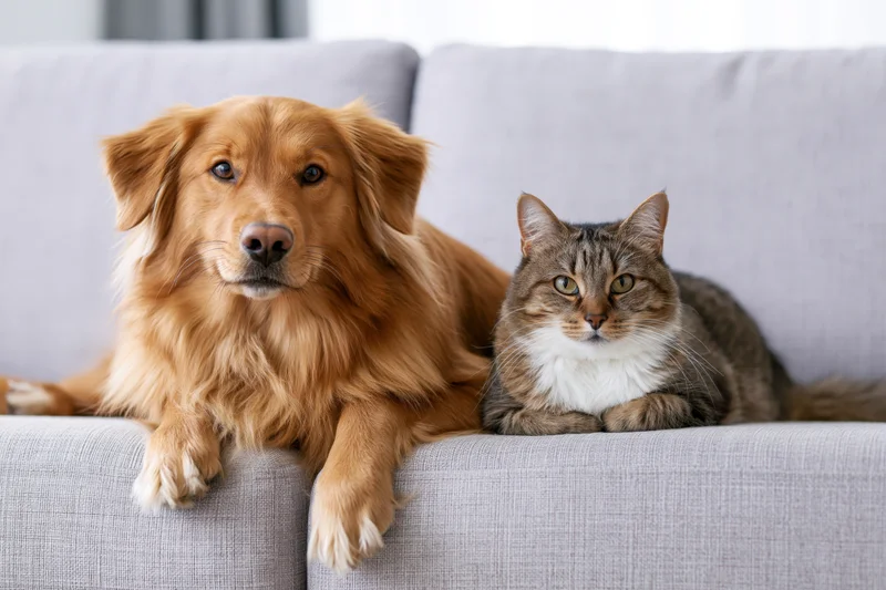 Golden Retriever and Cat on a Cozy Couch Enjoying Quiet Comp