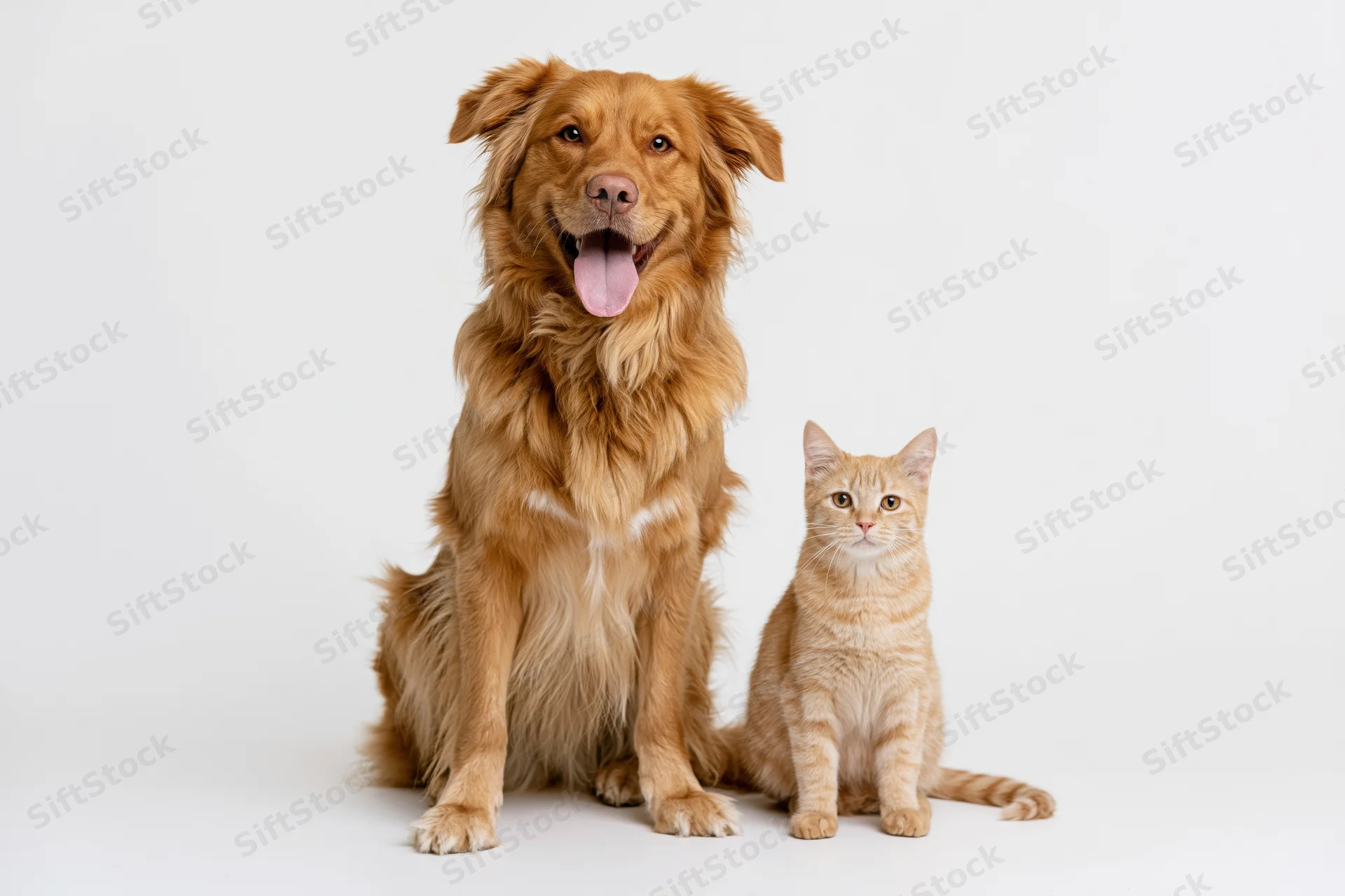 Golden-brown dog and orange cat sitting together in studio on white background