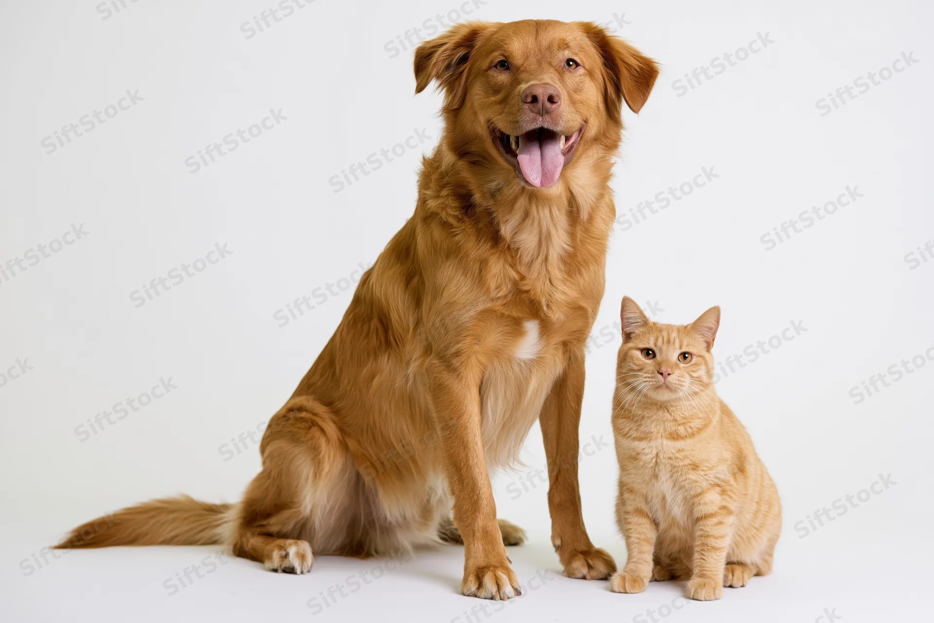 Golden-brown mixed breed dog and orange tabby cat sitting together in studio portrait on white background