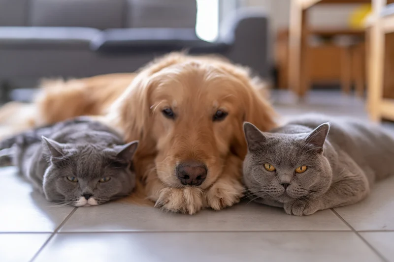 Golden retriever lying on tiled floor with two gray cats resting beside it in living room