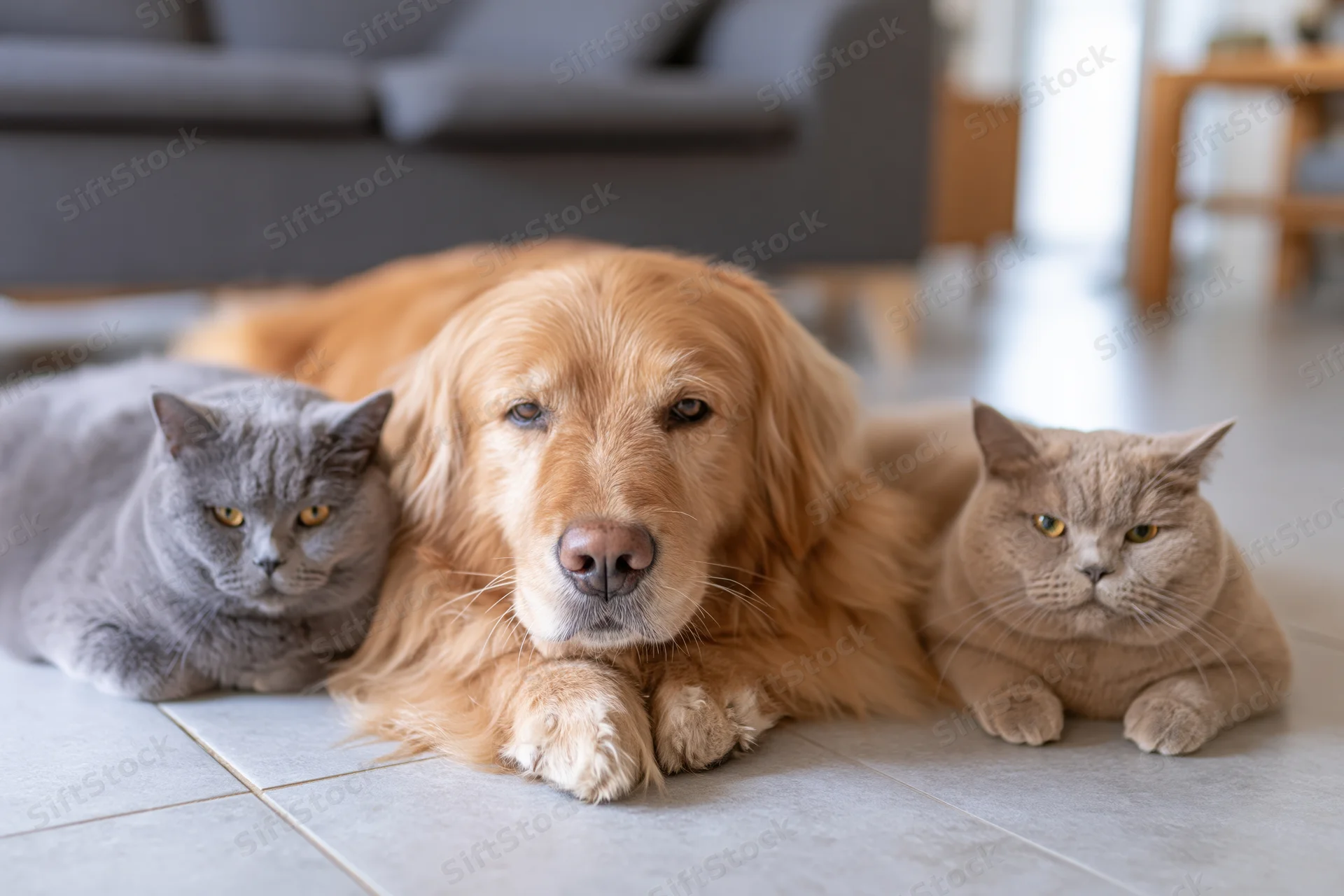 Golden retriever lying on tiled floor with two british shorthair cats beside it in living room