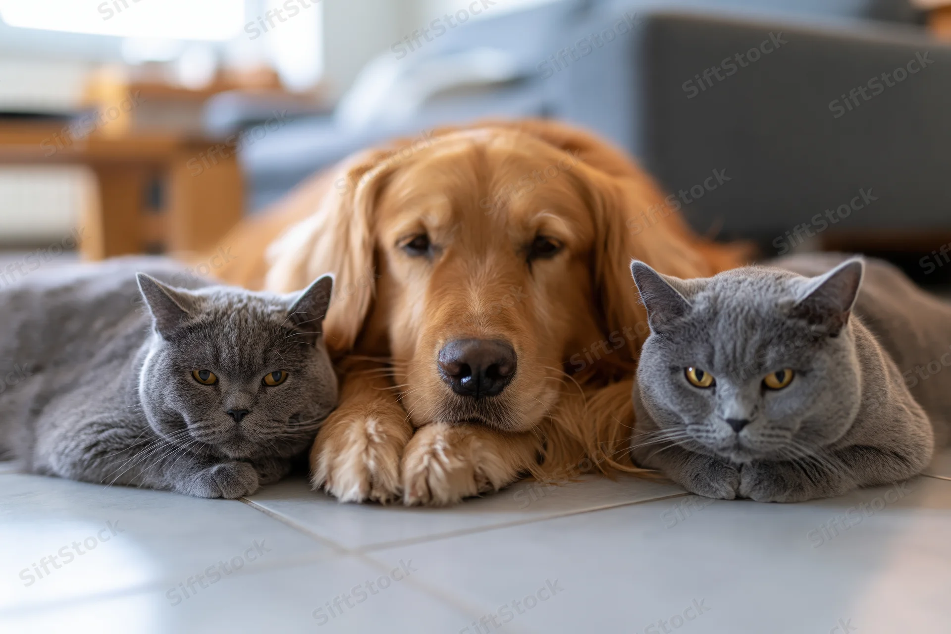 Golden retriever lying on tiled floor flanked by two gray cats in living room