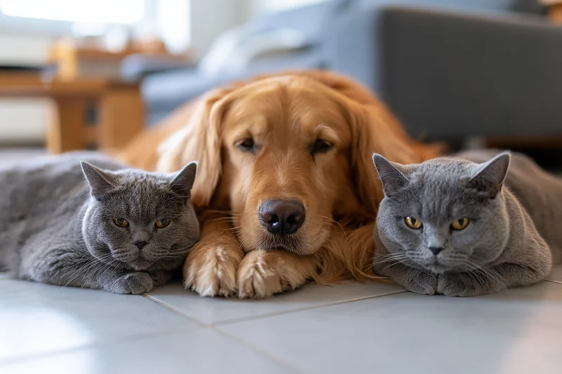 Golden retriever lying on tiled floor flanked by two gray cats in living room