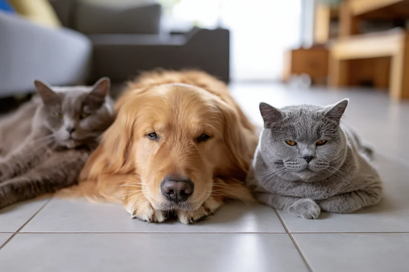 Golden retriever lying on tiled floor with two gray cats beside it in living room