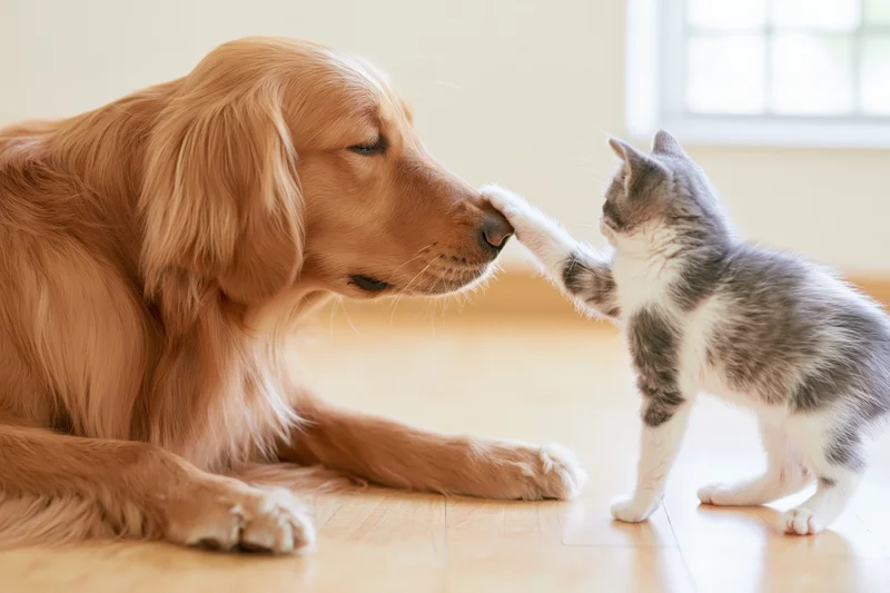 Golden retriever lying on hardwood floor gently touching nose with kitten paw