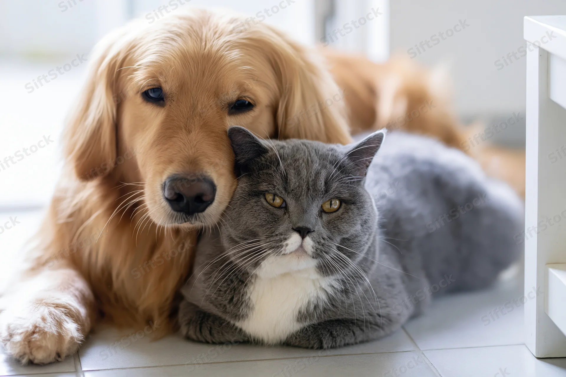 Golden retriever nuzzling a grey and white cat on a tiled floor indoors