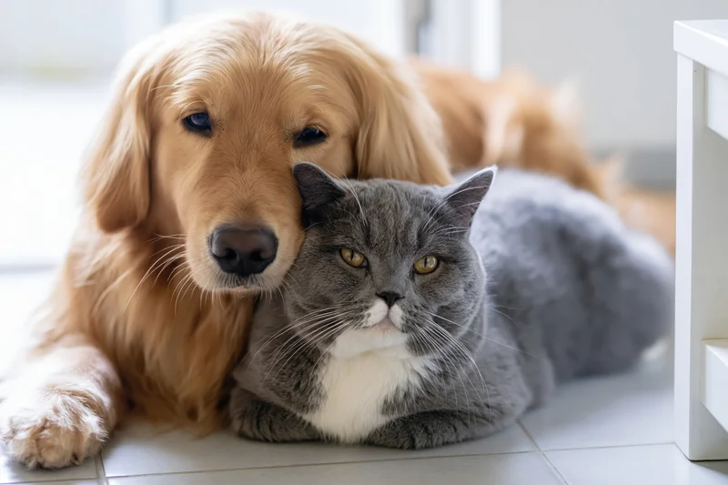 Golden retriever nuzzling a grey and white cat on a tiled floor indoors