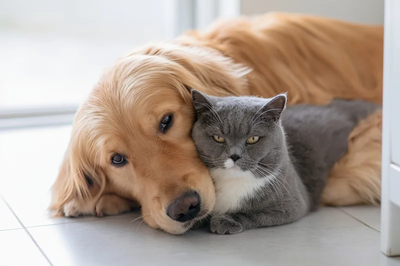 Golden retriever nuzzling a grey and white cat on a tiled floor near a window