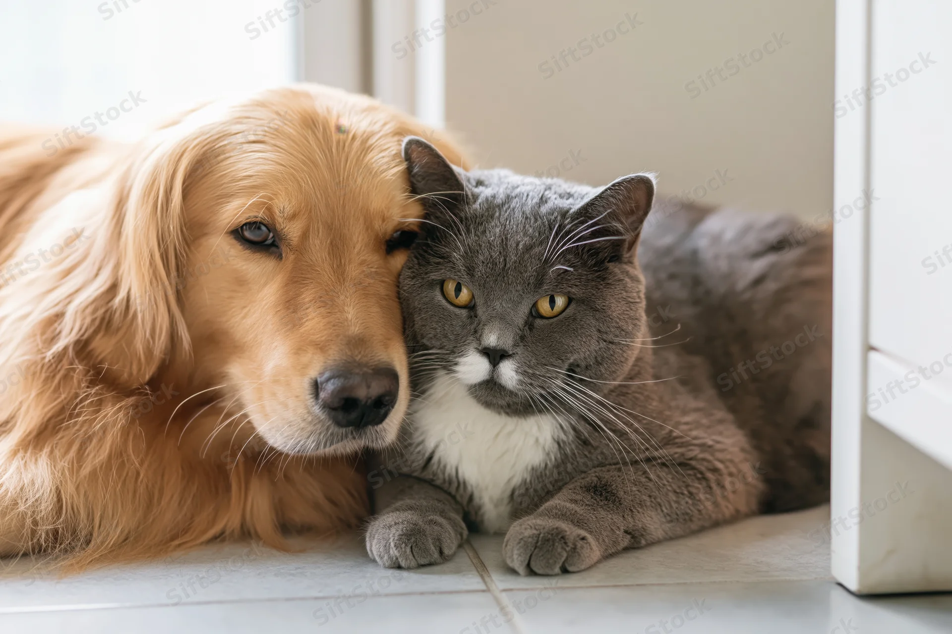 Golden retriever nuzzling a grey and white cat on a tiled floor near a window