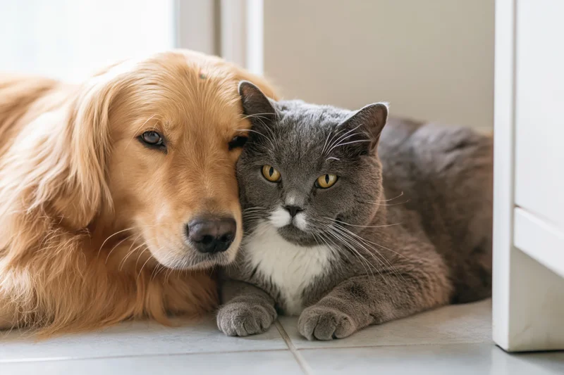 Golden retriever nuzzling a grey and white cat on a tiled floor near a window