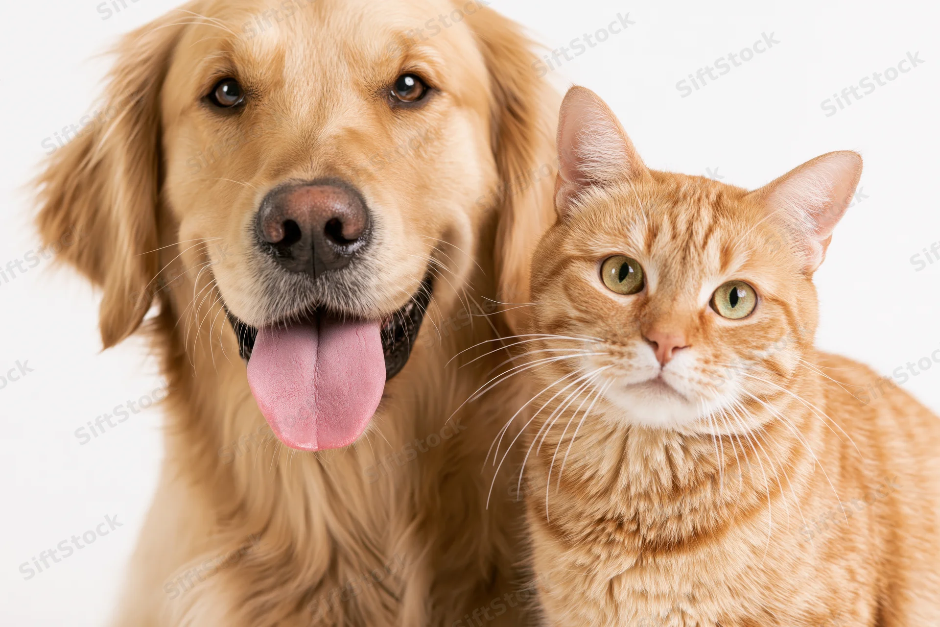 Golden retriever with tongue out and ginger cat posing together in studio portrait