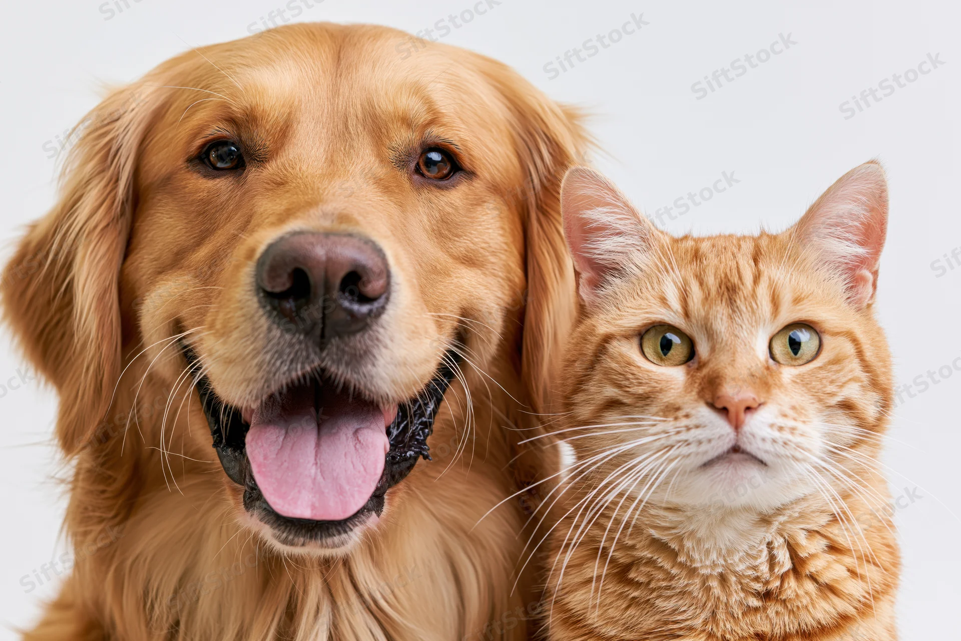 Golden retriever with open mouth and tongue out posing beside a ginger cat in studio portrait