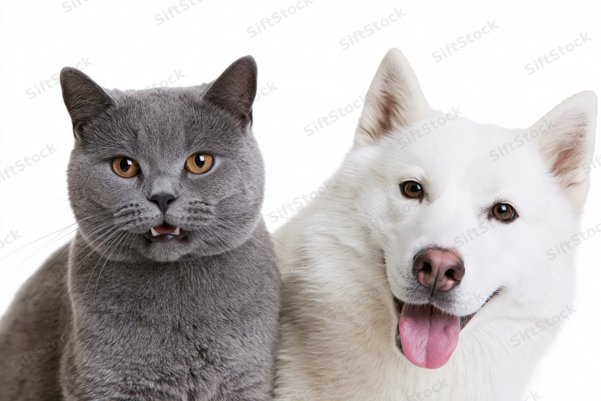 Grey british shorthair cat and white siberian husky dog posing side by side in studio portrait
