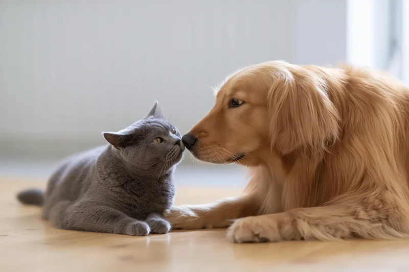 Grey british shorthair cat nuzzling nose-to-nose with golden retriever dog on wooden floor indoors